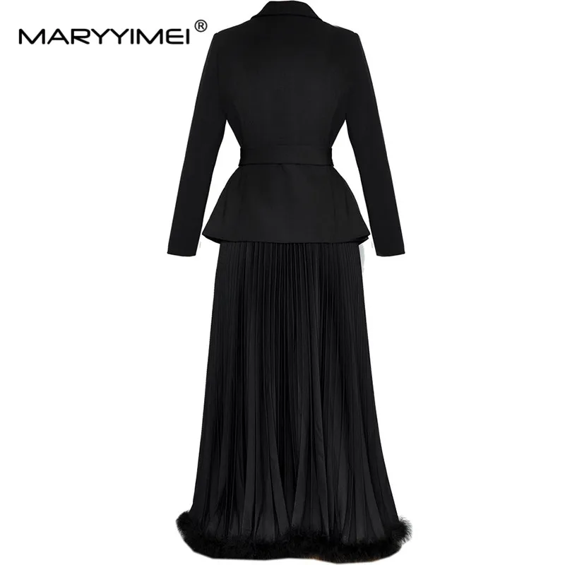 MARYYIMEI Autumn and Winter Women\'s Suit Notched Long-Sleeved With Belt Coat Tops+Loose Waist Pleated Skirt 2 piece set