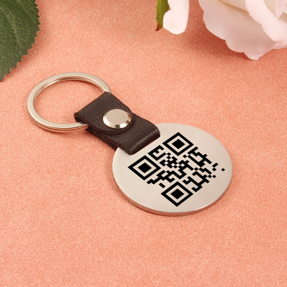 1pcs Personalized Laser Engraved QR Code Picture PU Round Stainless Steel Keychain, Exclusive QR Code for You, Special Gifts view 3