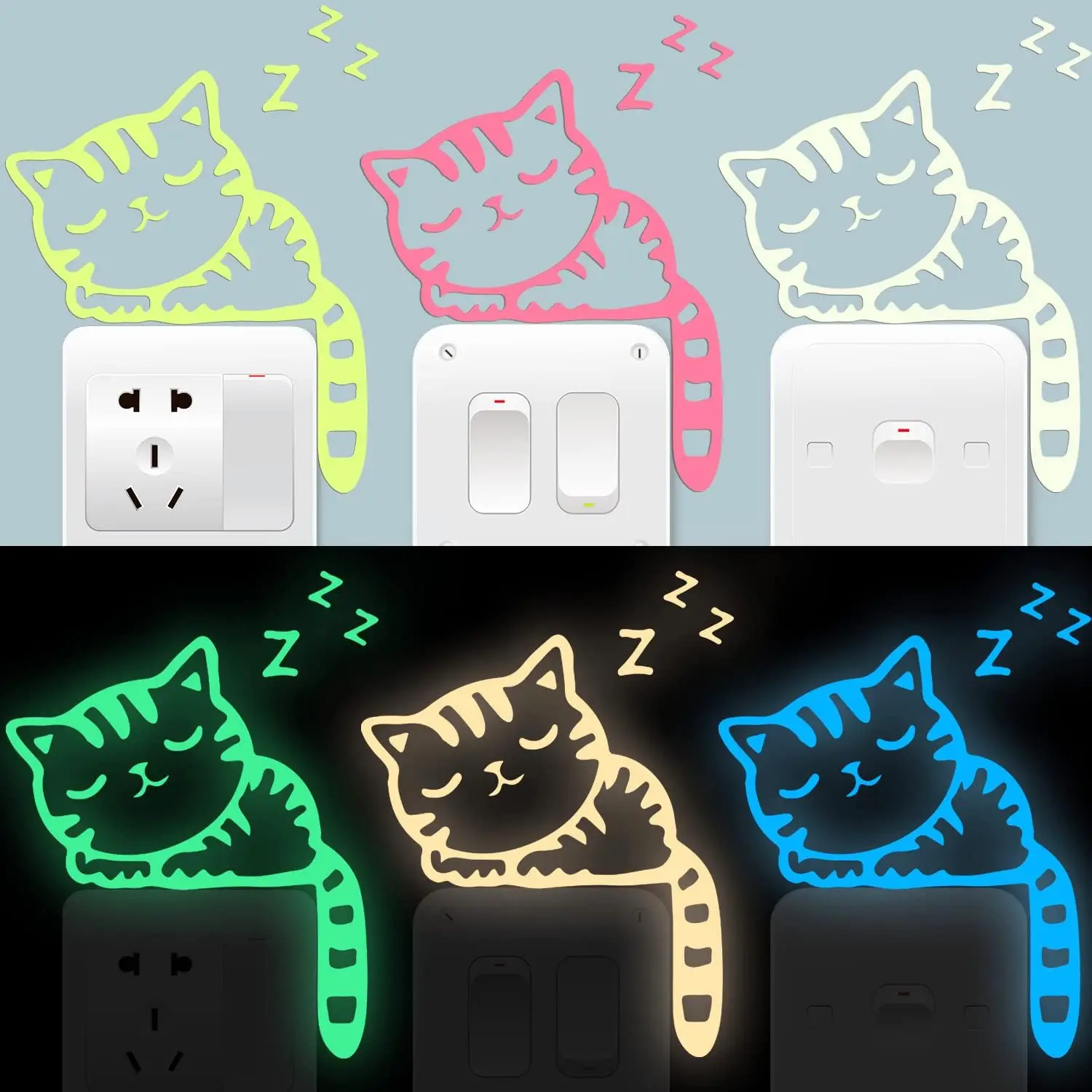 1Pc Random Color Glow-in-the-Dark Switch Stickers, Cartoon Cat Animal Wall Decals, Luminous Cat Stickers for DIY Home