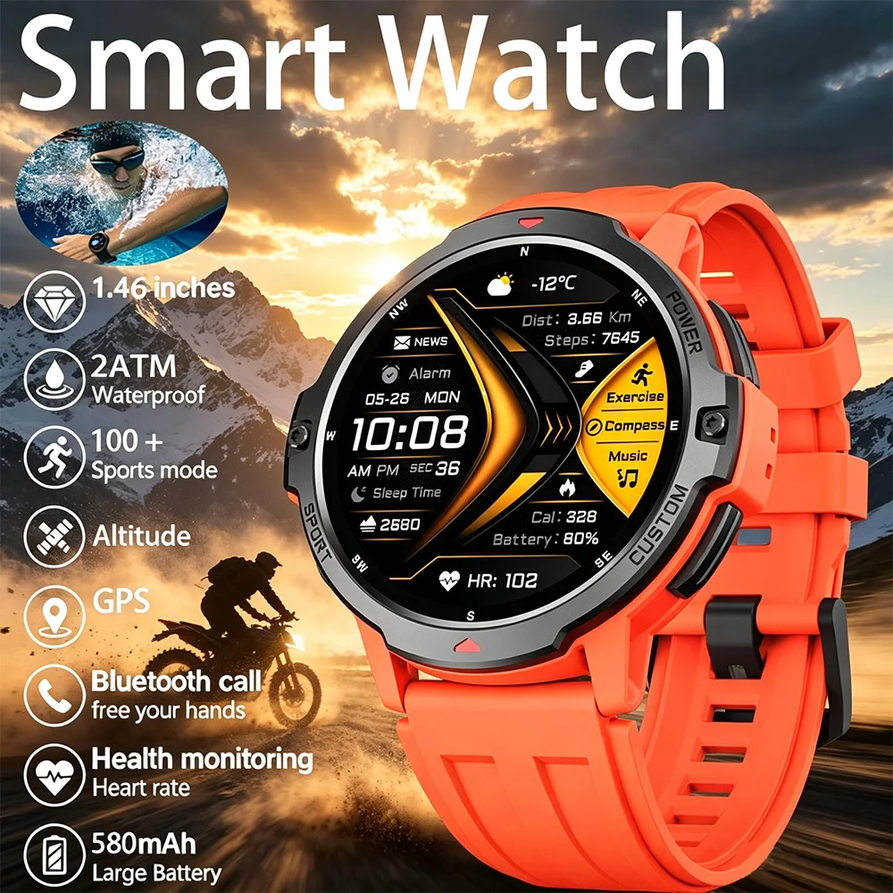 NEW 6-Axis Gyroscope Military GPS Smartwatch 3ATM Waterproof 580mAh BATTERY Sports Wrist Smart Watches for Man Woman Android