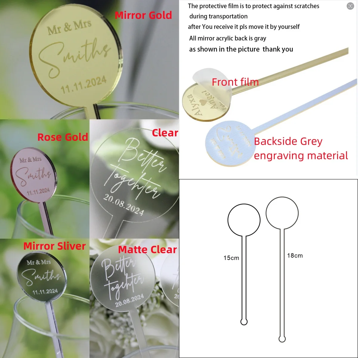 50Pcs Personalized Acylic Wedding Drink Stirrers Cocktail Sticks Drink Tags Custom Cocktail Sticks Swizzle Sticks Party Decor