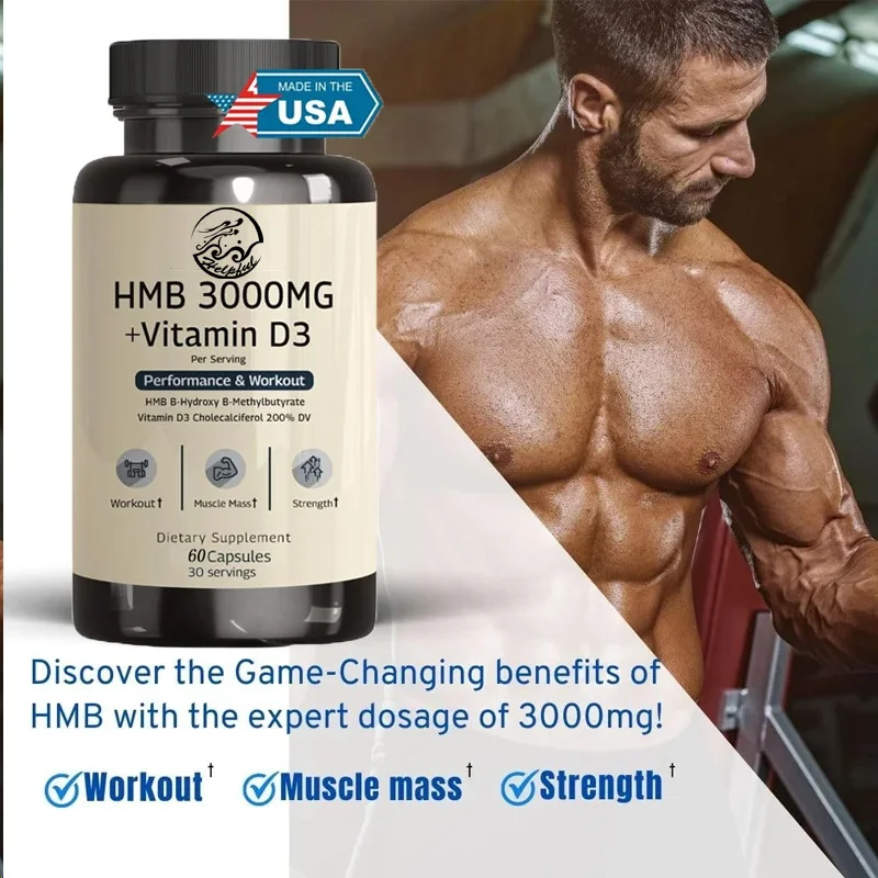 HMB 3000 mg and Vitamin D3 60 capsules promote muscle growth and recovery Relieve muscle loss - HMB supplement Non GMO