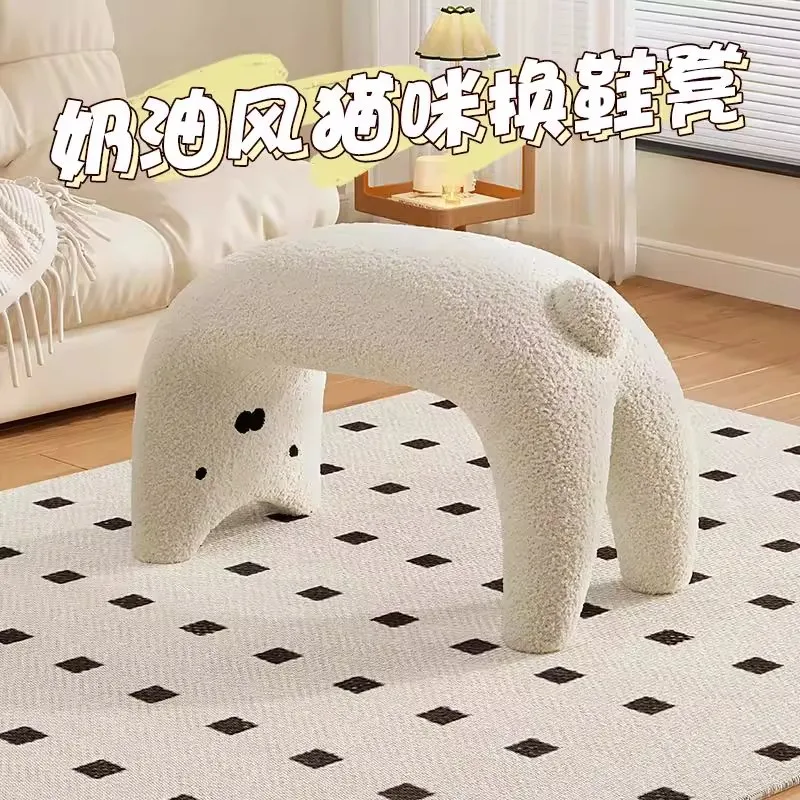 Lamb wool cat shoe change stool home entrance shoe stool fitting room solid wood stool