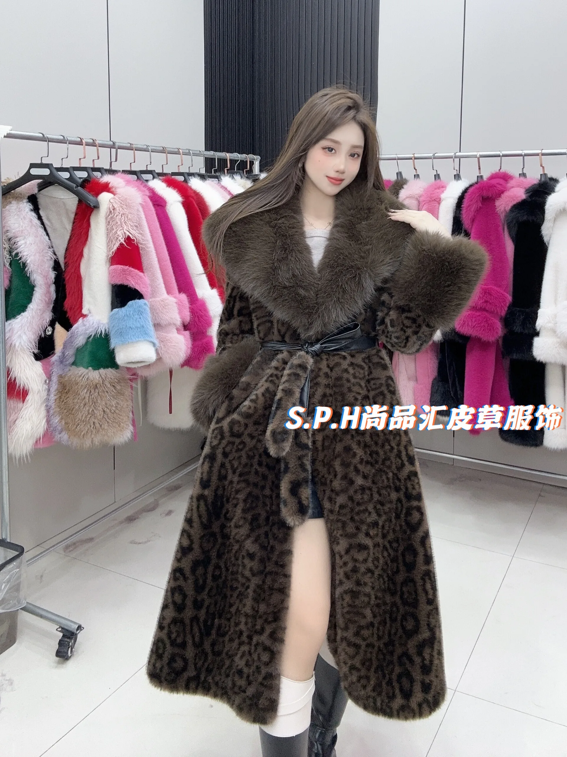 Extravagant Leopard Print Long Big Fur Collar European Mink Environmentally Friendly Hair Winter Warm High Waist Faux Fur Coat