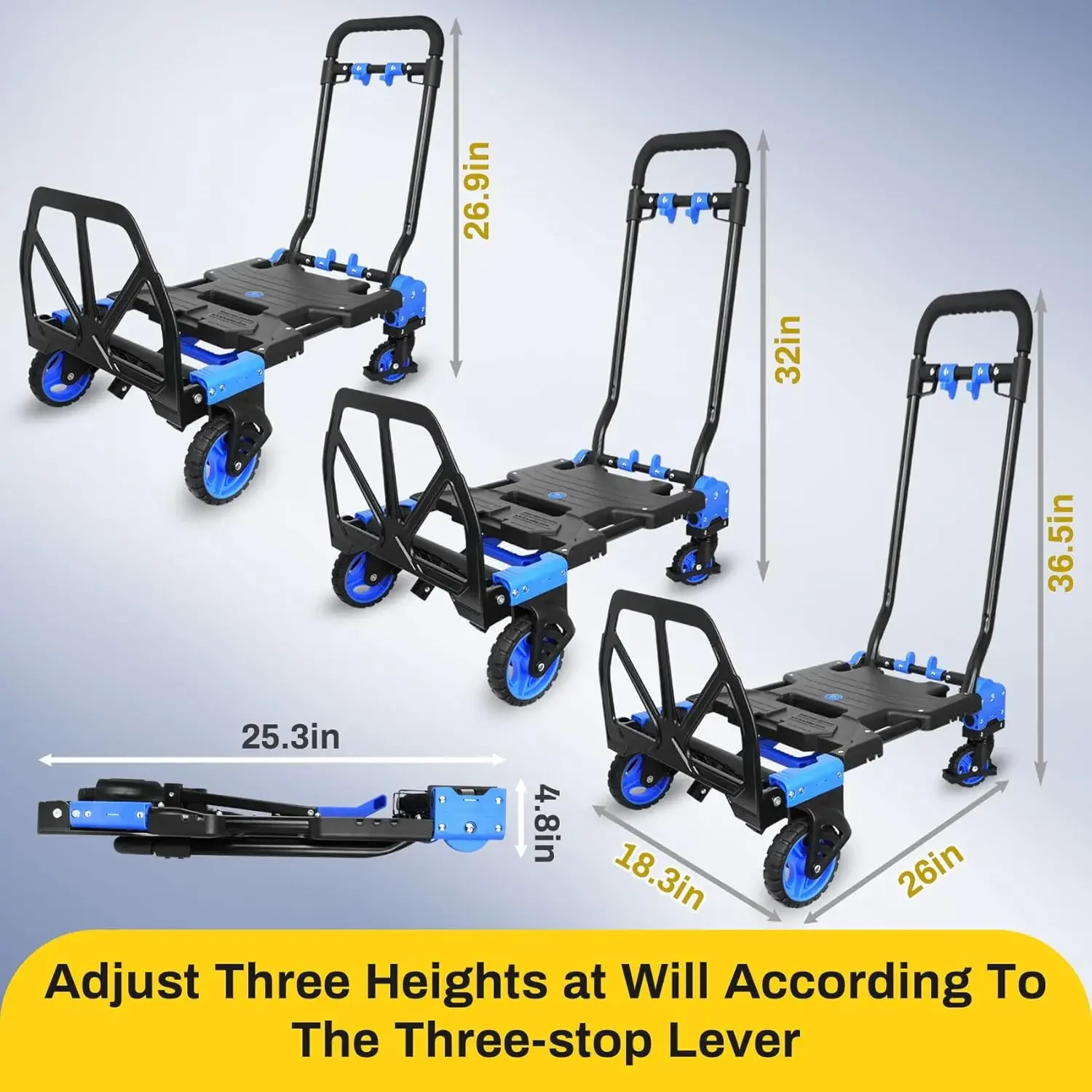 Truck Heavy Duty 440LB Load Carrying,Convertible Hand Cart with Retractable Handle,Silent 4-Wheel Folding Hand Truck,for Luggage