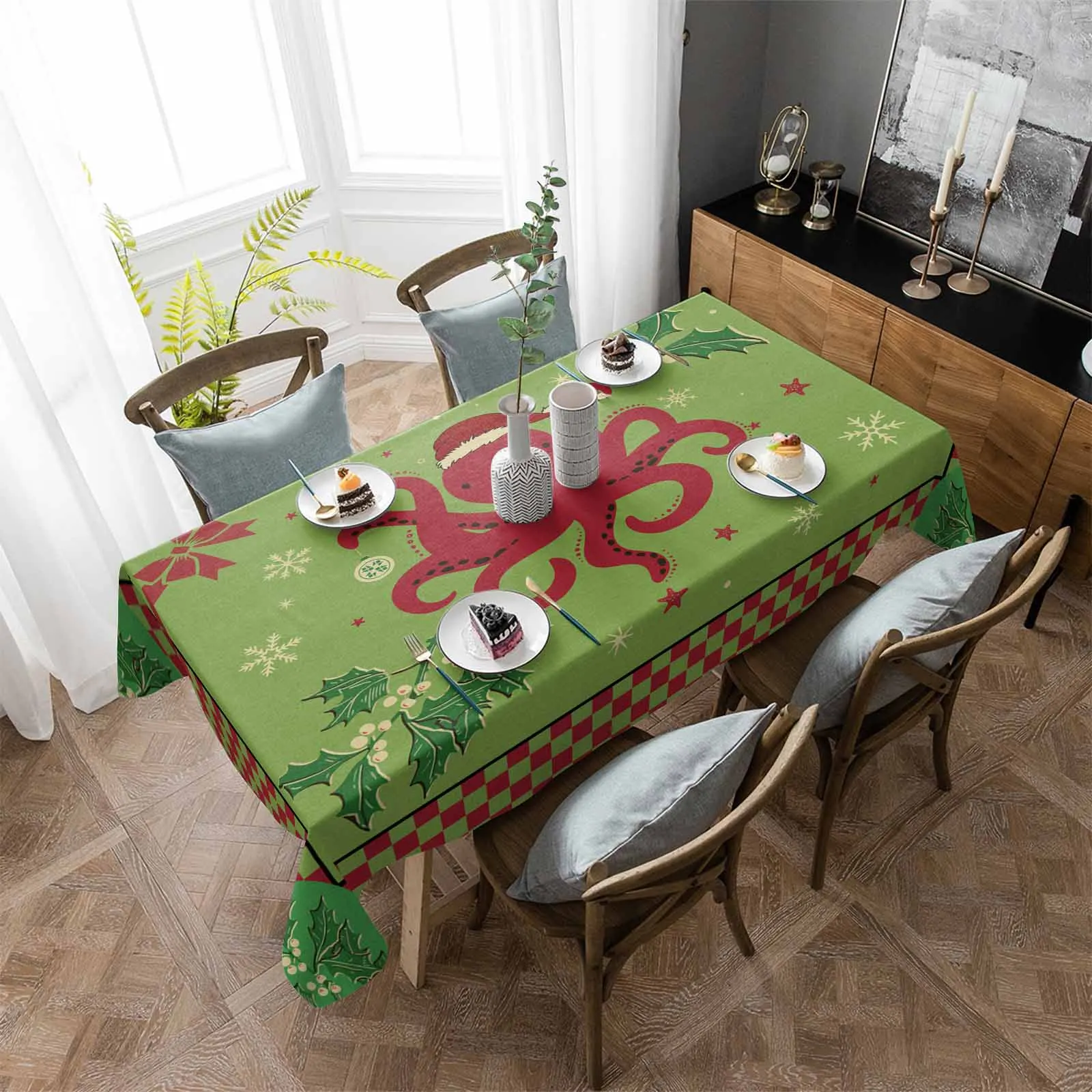 Christmas Octopus Grid Snowflakes Tablecloth Waterproof Dining Table Rectangular Round Table Cover Home Kitchen Decoration