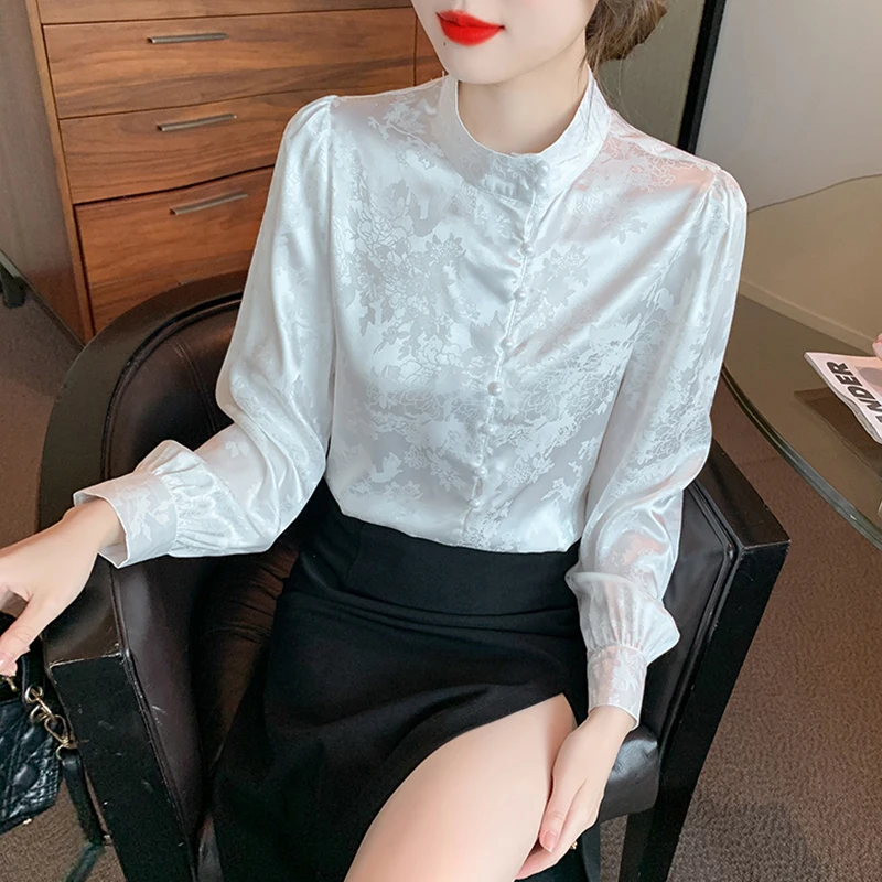 QOERLIN Chic Satin Shirts Long Sleeve Women Blouse Spring Fall Jacquard Tops Elegant Loose Casual Button Up Tops High Quality