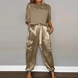 Summer Fashion Solid Satin Two Piece Set Women Round Neck Long Sleeved Top Long Pants Casual Loose Soft Female Top Trousers