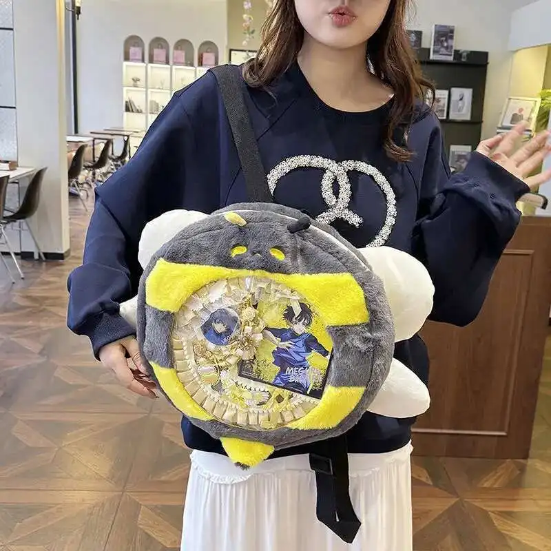 

Y2K New Cute Plush Little Bee Ita Backpack Large Capacity DIY Display Knapsack Girls Transparent Pocket Fashion Student Rucksack