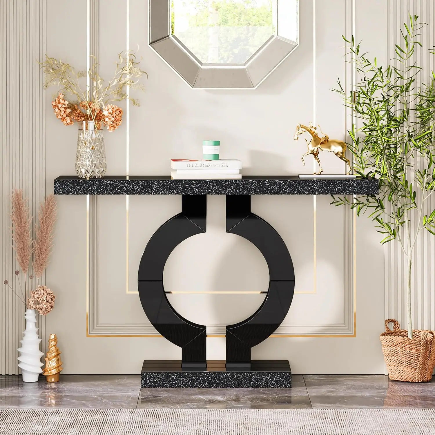 Black Entryway Console Table with O-Shaped Metal Base, Slim Hallway Sofa Table for Living Room, Customized