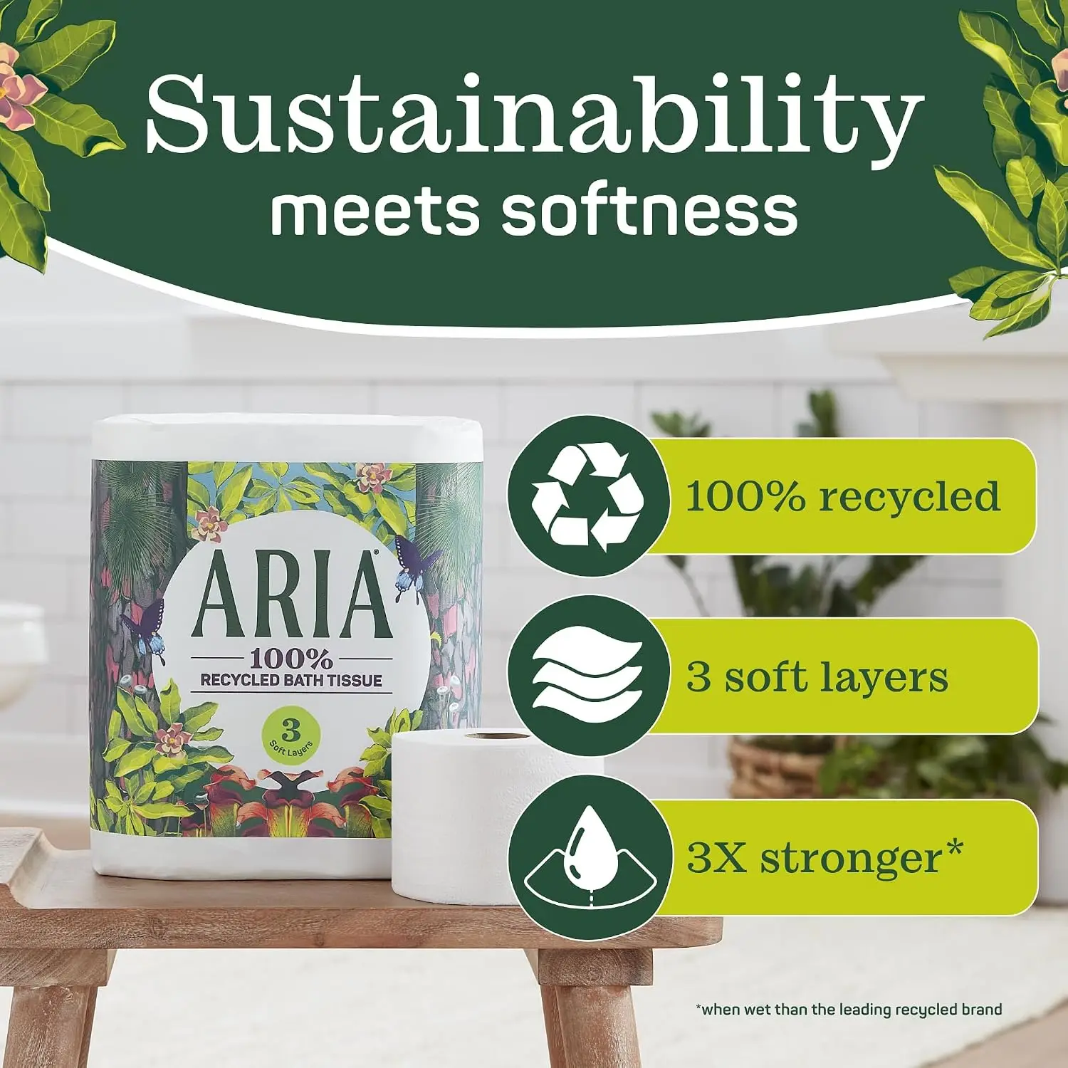 100% Recycled Toilet Paper, 6 Rolls, 3-Ply Soft Bath Tissue, Paper Packaging