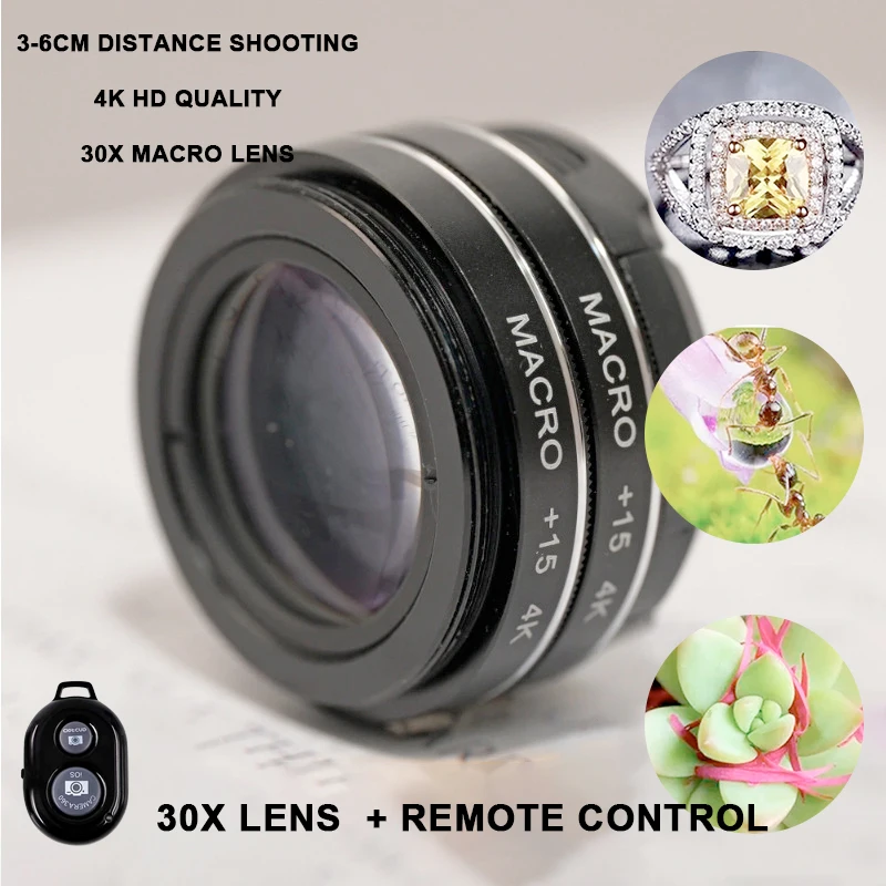 37MM 30X Macro Lens 4K HD Professional Photography Phone Camera Lens Eyelashes Diamond Jewelry Macro Lens for Smartphone