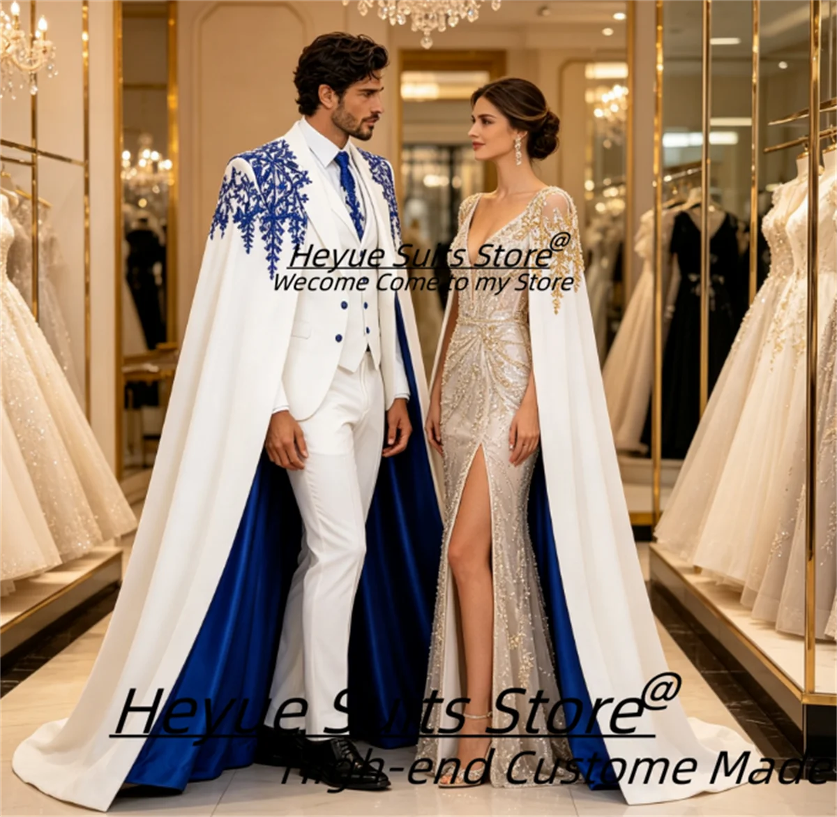 Customized White Suit With Long Cloak Blue Embroidery 3Pieces Sets Male Party Blazers Slim Fit Groom Wedding Tuxedos Ropa Hombre