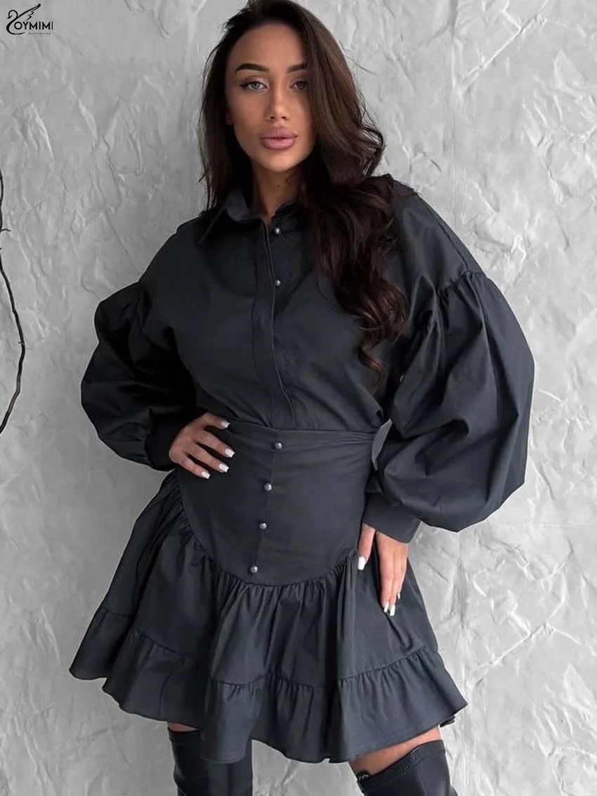 

Oymimi Fashion Black Cotton Two Piece Outfits Woman Casual Lapel Long Sleeve Button Shirts + Single Breasted Pleated Skirts Sets