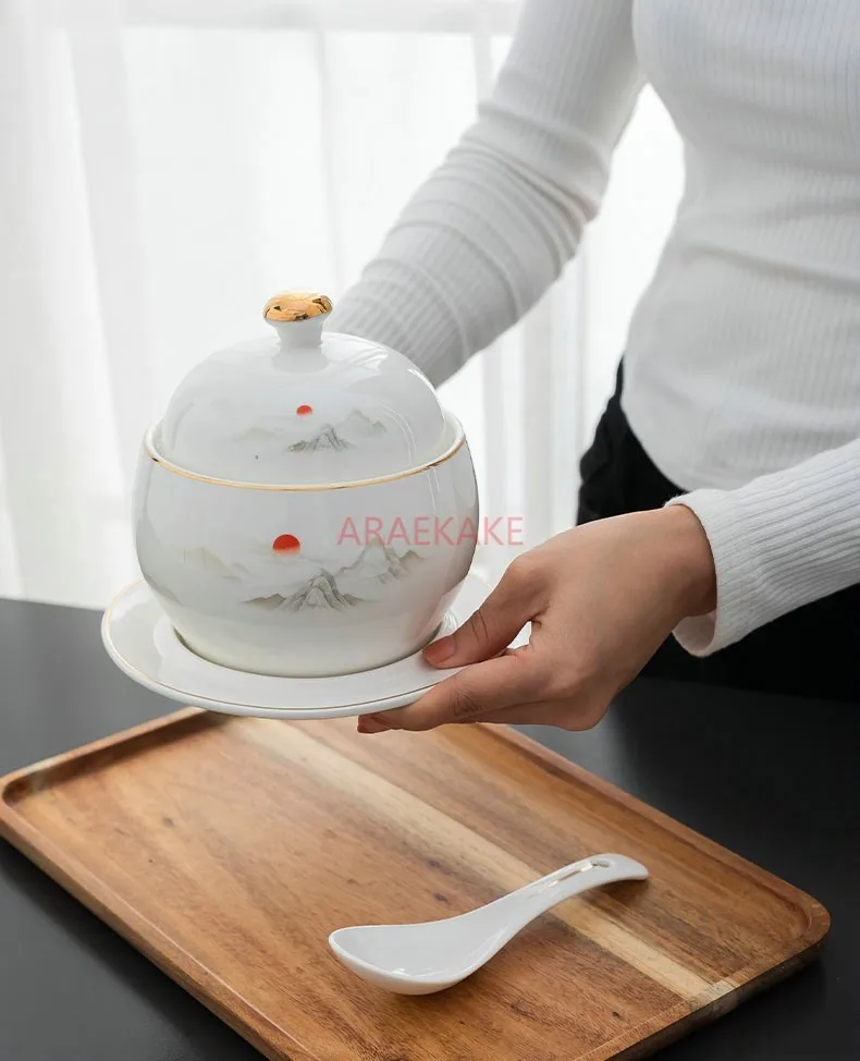Water separated small stew cup, ceramic with lid, one person bird's nest dessert bowl, hotel commercial