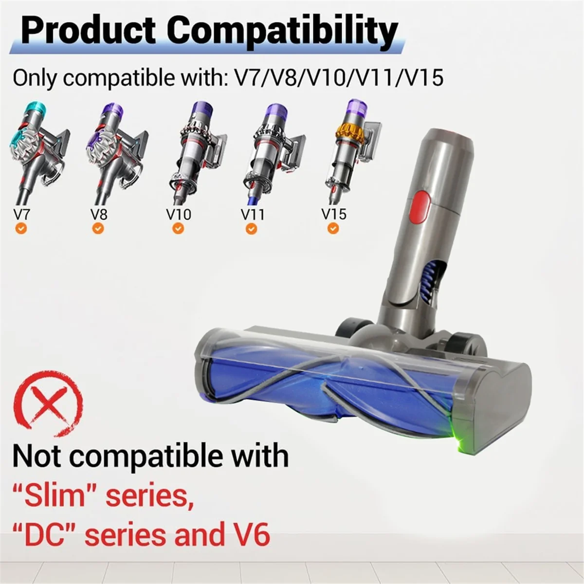 Para dyson v7 v8 v10 v11 v15 aspirador de pó cabeça de limpeza de acionamento direto com faróis led verdes acessório de escova de turbina-a19g