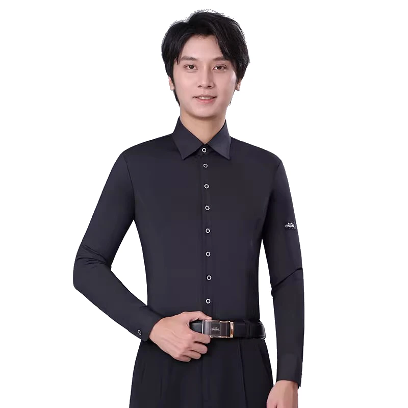 Men\'s Latin Dance Shirt Long Sleeve Black Ballroom Dancing Top Salsa Modern Waltz Tango Dancewear Standard Performance Clothes