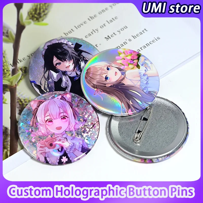 Custom Round Badges Custom Glitter Holographic Button Pins Photo Text Graphic Personalize Tinplate Pins  Gifts for Kids