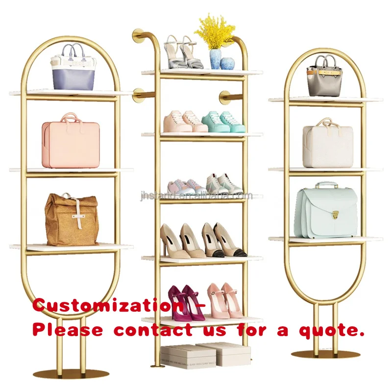 custom.Fashion Shoes Stand Shop Retail Shiny Gold Stainless Steel Shoes Display Rack Metal Wall Mounted Handbag Shelf