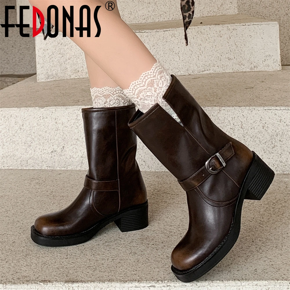 

FEDONAS Women's Genuine Leather Mid-calf Boots Winter Footwear Autumn Shoes Boots Women Round Toe Rock Motorcycle Boots