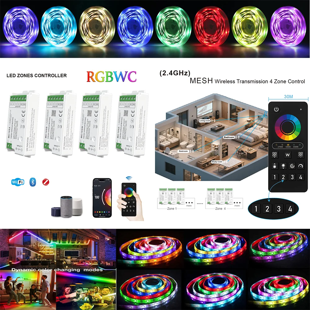 Tuya Smart 2.4G/WIFI/Zigbee Controller 5M 10M RGBWC LED Light Strip Set