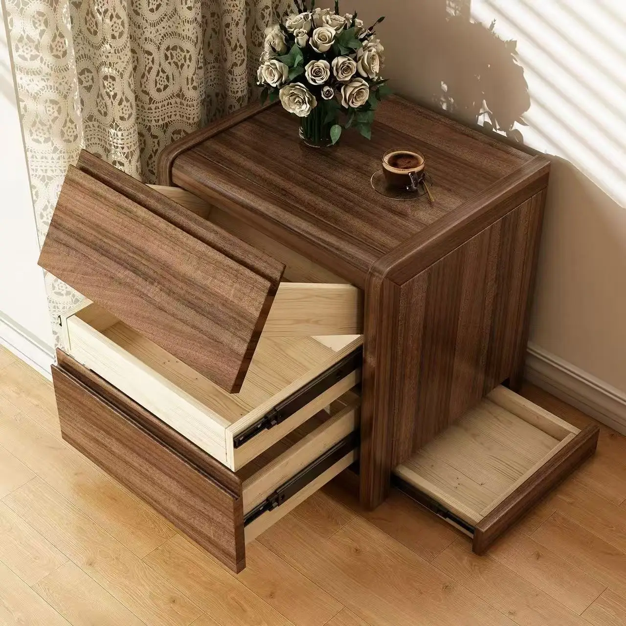 All solid wood bedside table, hidden compartment drawer, four-drawer bedroom storage cabinet, bedside storage cabinet
