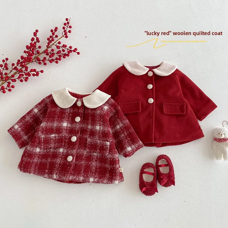 

Girl Doll Collar New Year's Clothing 2025 New Winter Baby Cotton Jacket, Children's Retro Checkered Thick Cotton Clothing
