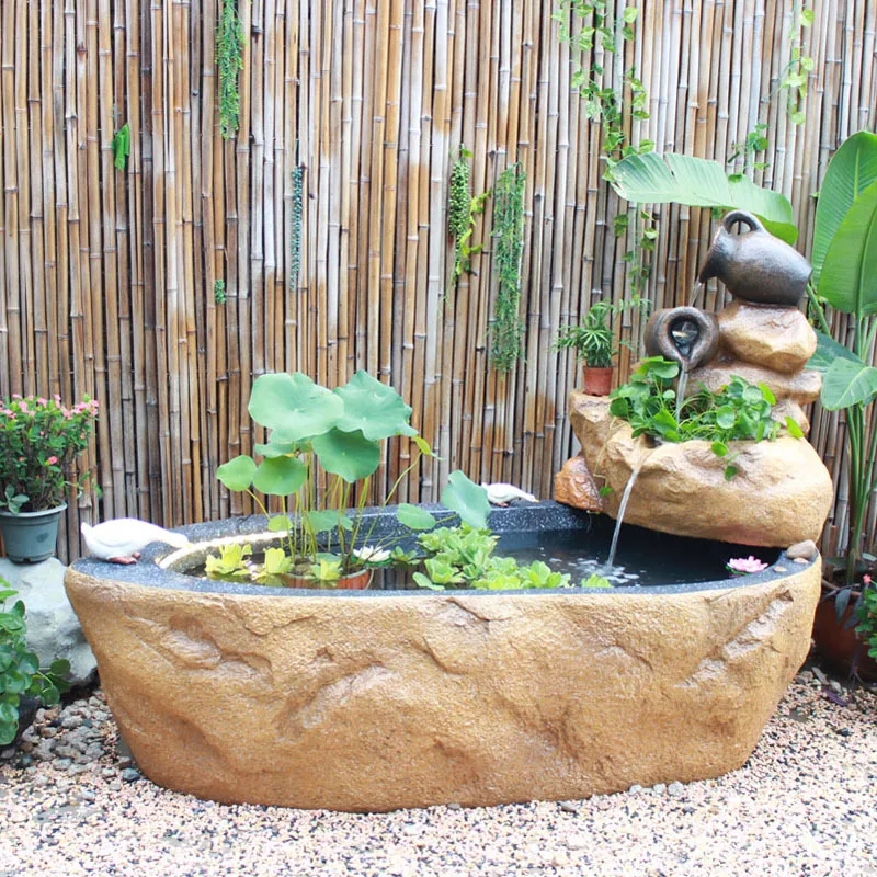 Pastoral garden, courtyard, outdoor terrace, rockery, flowing water fountain, fish pond, pond fish tank, balcony decoration,