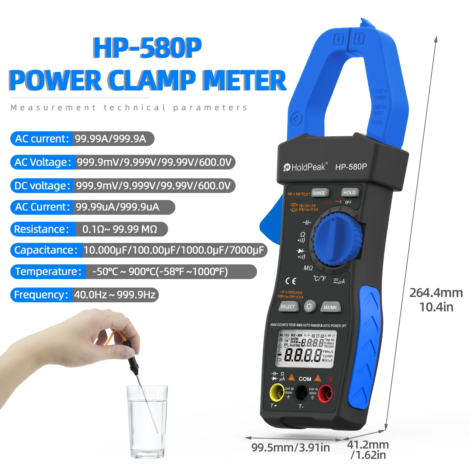 q -580P Clamp Meter 9999 Display Power Tester Meter Inrush Current, True RMS, ACV, ACA, KW, KVA, for HVAC