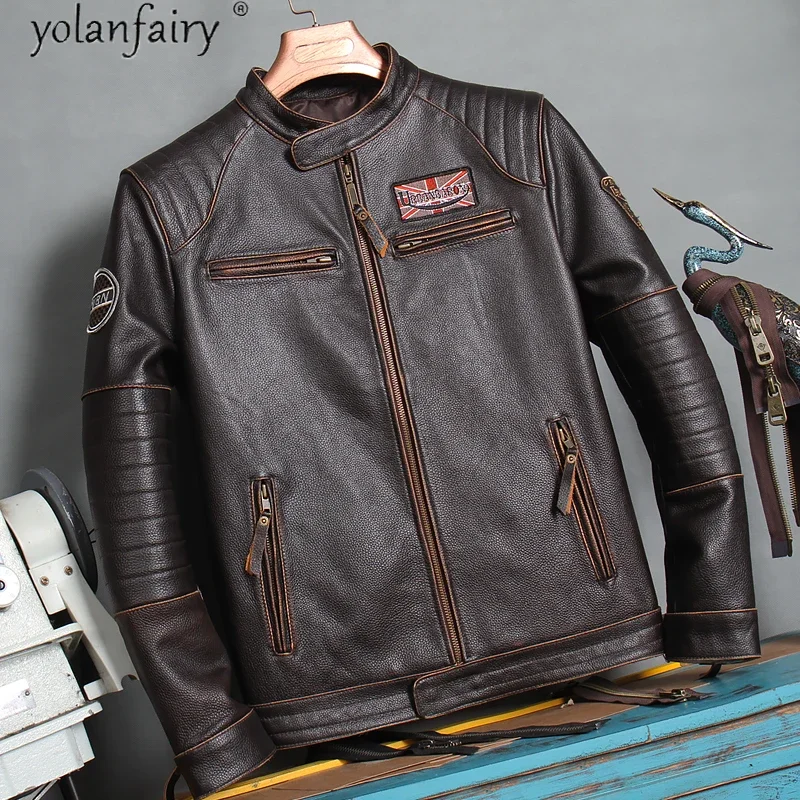 Veste de motard brodée en cuir de vache véritable pour hommes, manteau court vintage, vestes de moto, 100% cuir de vache, XP680 distillé KJ