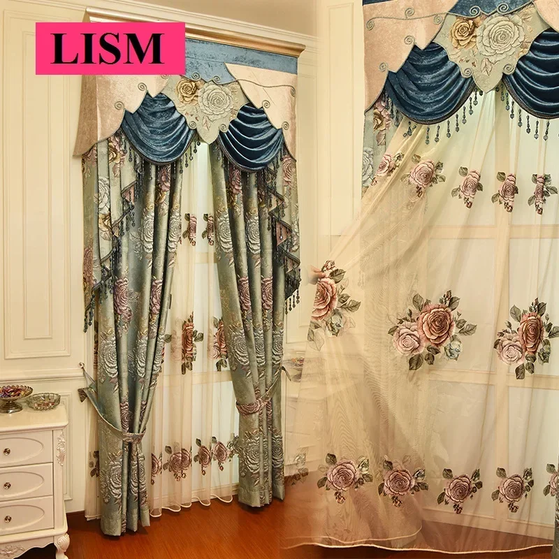 European Luxury 4D Large Relief High-precision Jacquard Curtains Bedroom Living Room Valance Blackout Decor Custom White Tulle