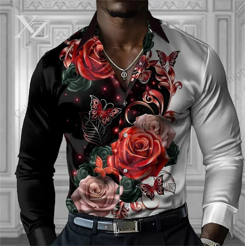 Men's Rose Floral Long Sleeve Shirt Butterfly Flower 3d Print Shirt Men Fashion Comfortable Single-breasted Blouse Mens Clothing
