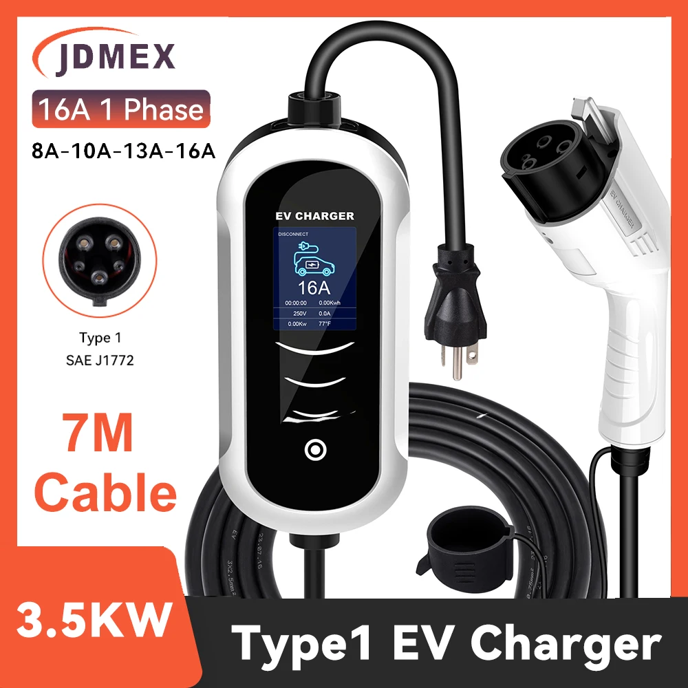 JDMEX 3.5kw Type1 Portable EV Charger 7M Cable With NEMA 6-20P Plug J1772 Charger For Electric Car  EVSE Charging 16A EV Charger