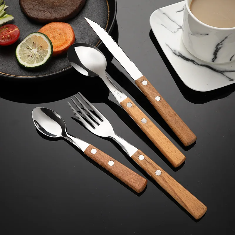 Wood Handle Dinnerware Set Stainless Steel Knife Fork Spoon Teaspoon with Rivet Flatware Cutlery Set Tableware Utensils for Kitc