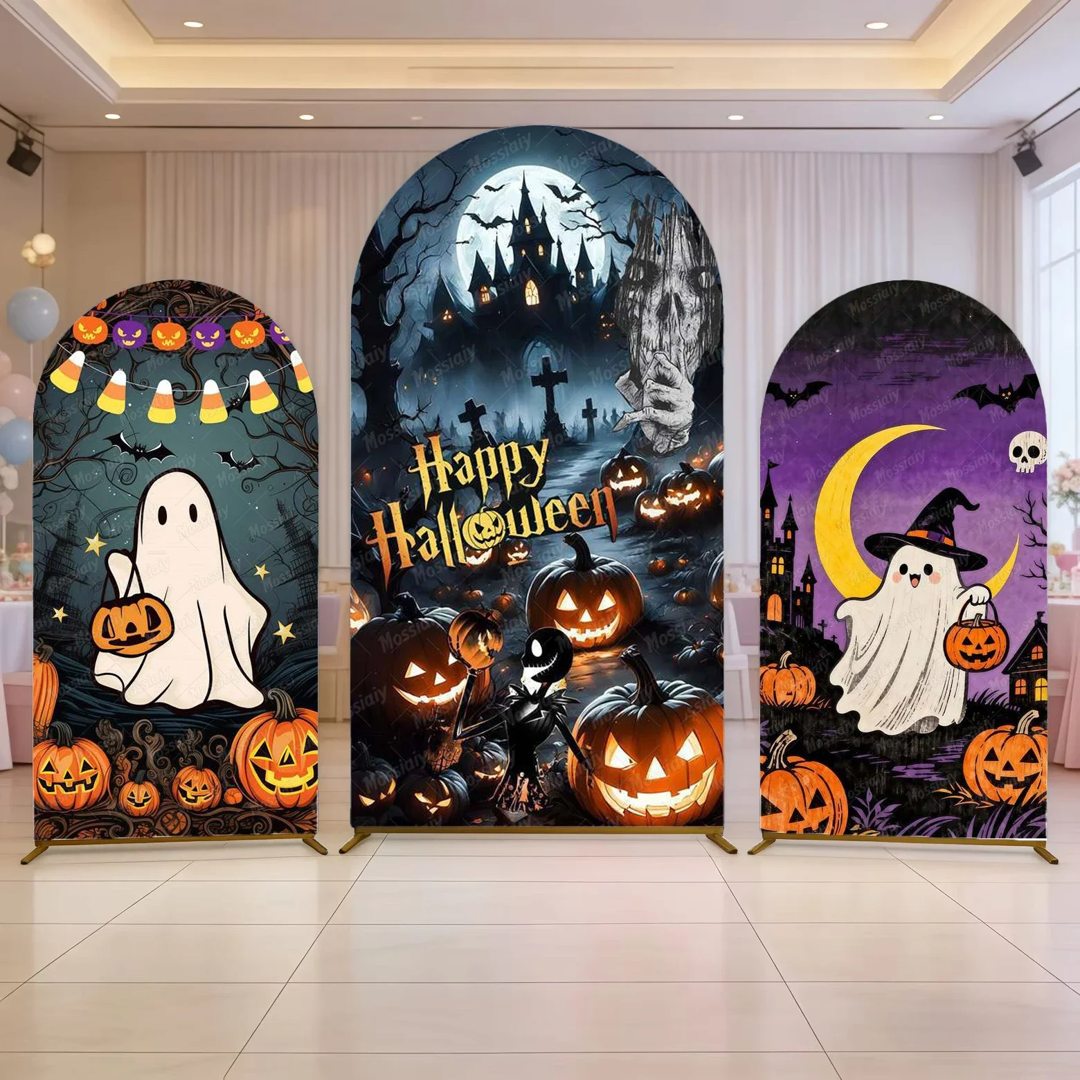 Happy Halloween Theme Arch Backdrop Cover Cartoon Pumpkin Ghost Bat Backdrop Outdoor Trick or Treat Party Decor Background Props