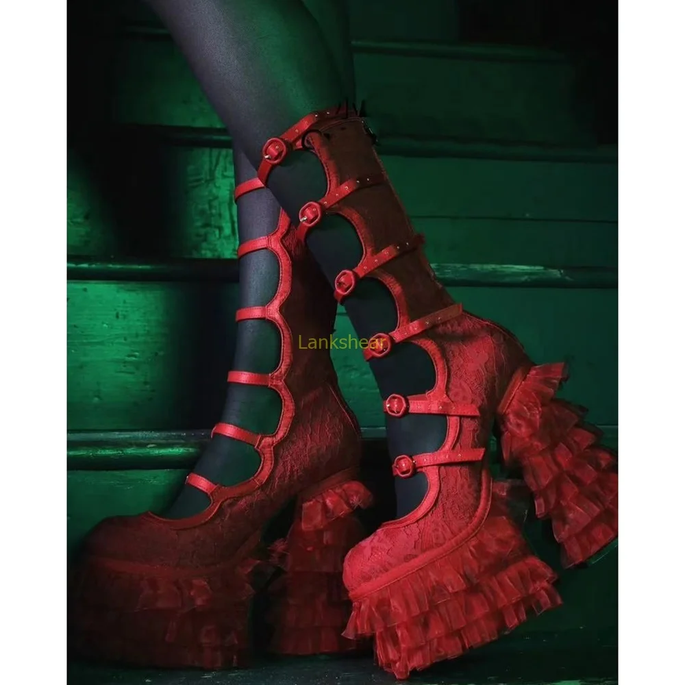 

Red Lace Multi Strap Platform Boots Sexy Pointed Toe Thick Heel Zipper Sexy Hollow Out New Arrivlas Fashion Women Runway Boots