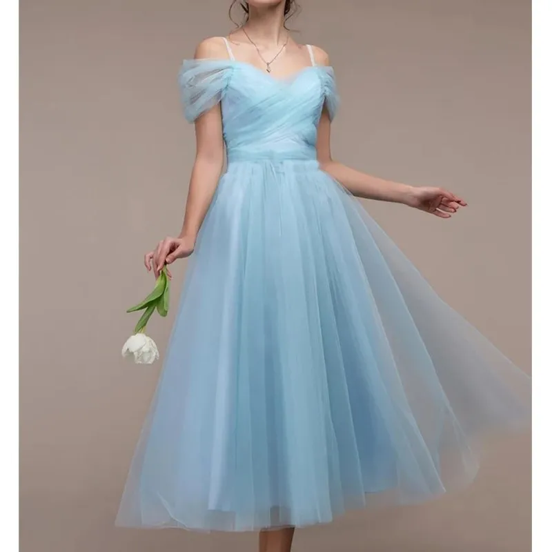 Abiti da cerimonia romantici con spalle scoperte da donna elegante abito lungo da Cocktail da sposa da damigella d'onore in Tulle Midi Wrap Gala Dress