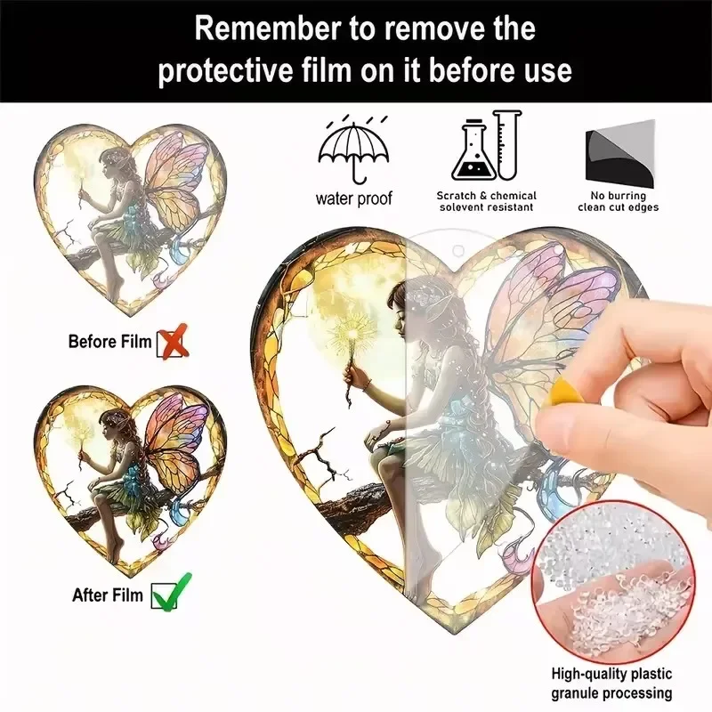 1pcs Magical Fairy Magic Night Fairy Suncatcher Stained Glass Acrylic Heart Wall Hanging For Home And Garden Outdoor Decorative
