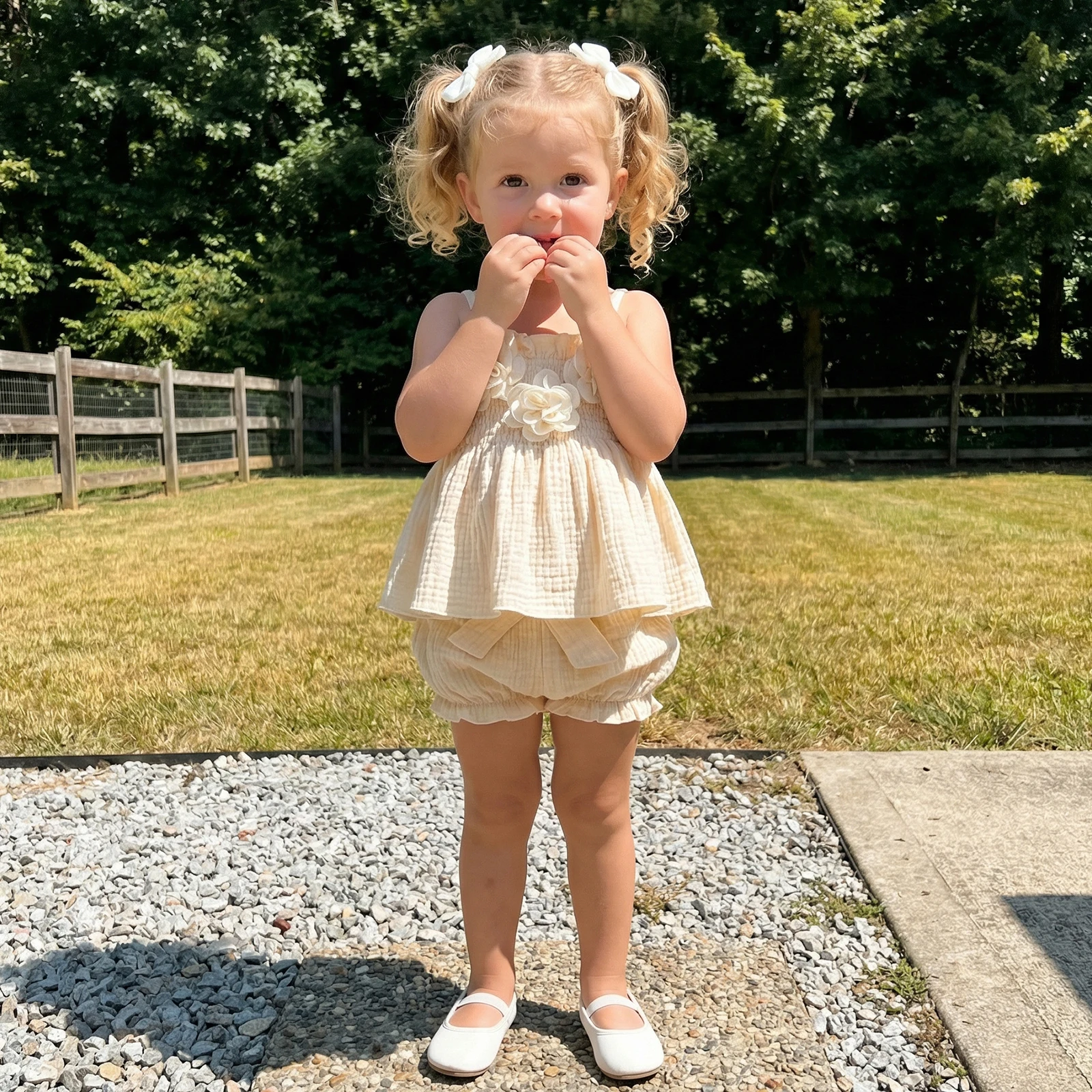 2Pcs Toddler Girls Summer Outfits Sleeveless 3D Flower Decor Smocked Vest Tops and Elastic Waist Bloomer Shorts