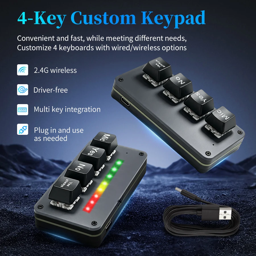 Wireless Programmable Macro Keypad RGB 4-Key Mini Keyboard with Voice Input for PS Video Editing Game Custom Programming