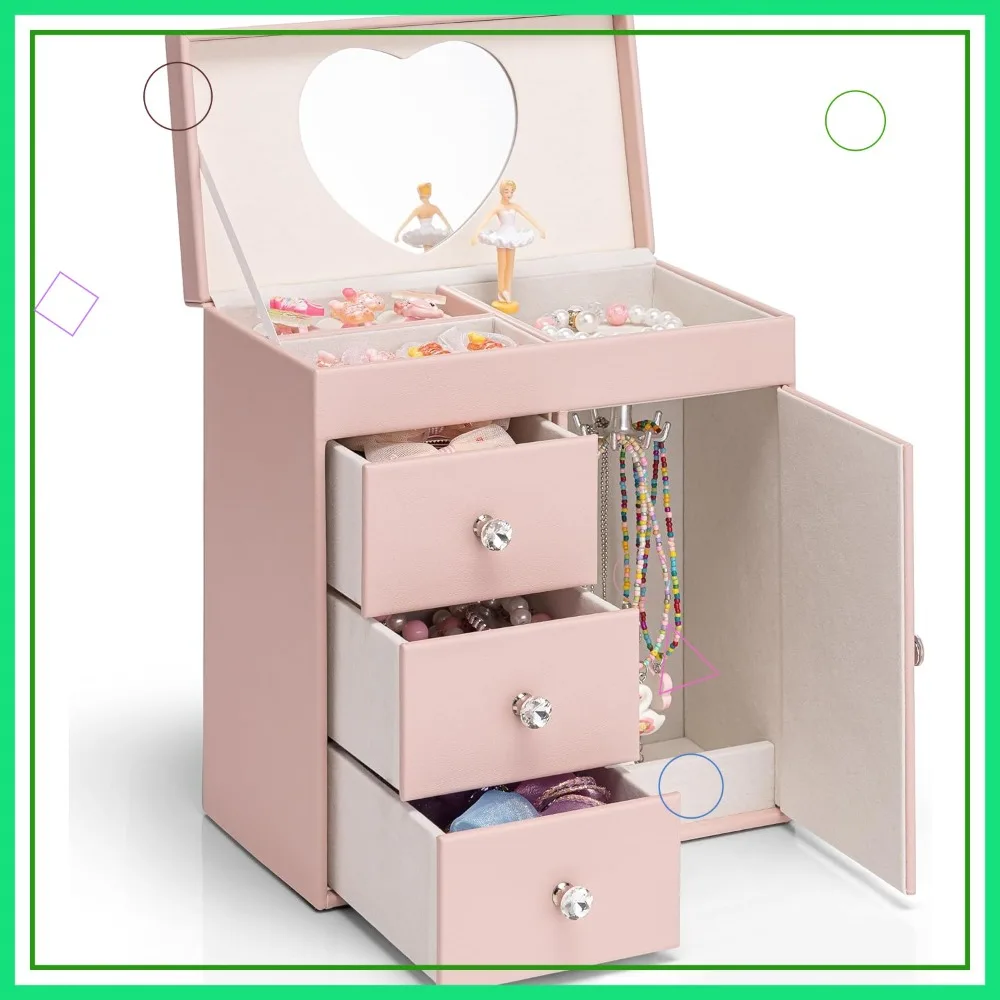 

Large Pink Musical Jewelry Box for Girls with Ballerina, 4 Layer Birthday Bedroom Decor Gift