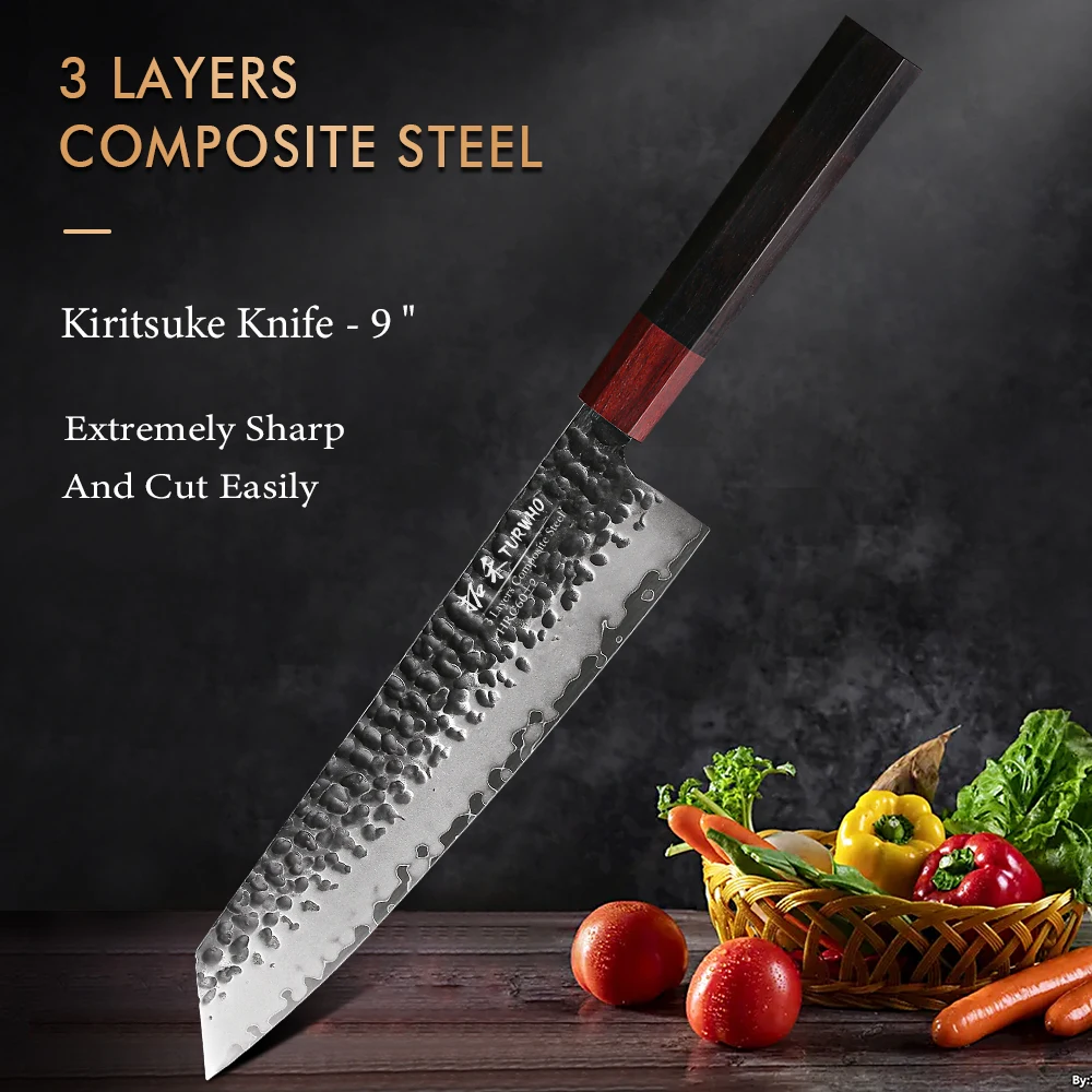 TURWHO-Japanese Kiritsuke Knives,3 Layer Composite Steel,9Cr14CoMov Steel Core, Kitchen Meat Cutting Knife, Cooking Tool, 9 Inch