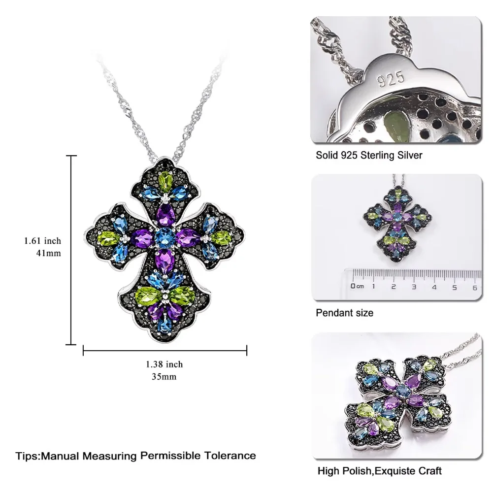 GZ ZONGFA 100% 925 Sterling Silver Cross Pendant Necklace For Women Natural Peridot Amethyst Colorful Gems Trendy Fine Jewelry