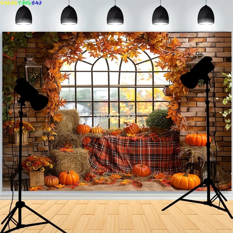 

Autumnal Pumpkins Farm Photography Backdrops Props Halloween Fall Field Maple Leaf Scarecrow Fence Background FM-03