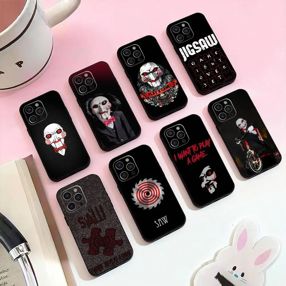 

S-Saw Jigsaw Phone Case For iPhone 17,16,15,14,13,12,11 Plus,Pro Max,Soft Silicone Black Cover