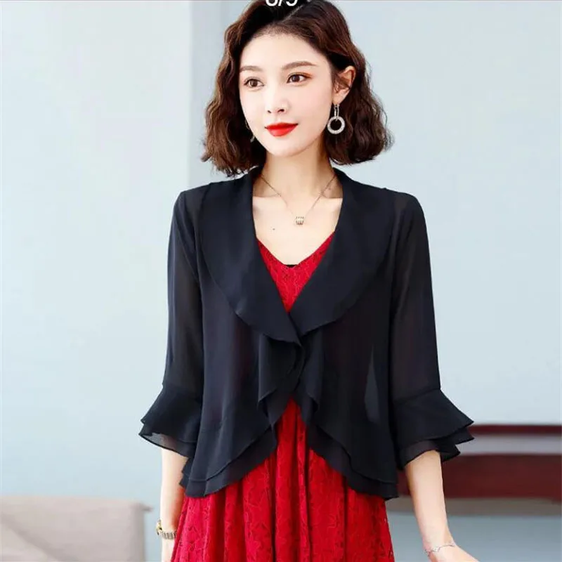 

Chiffon Shawl Coat Women's Spring Summer Thin Jacket 2024 New Short Sun Protection Clothing Ruffled Crop Sleeve Tops Feminine