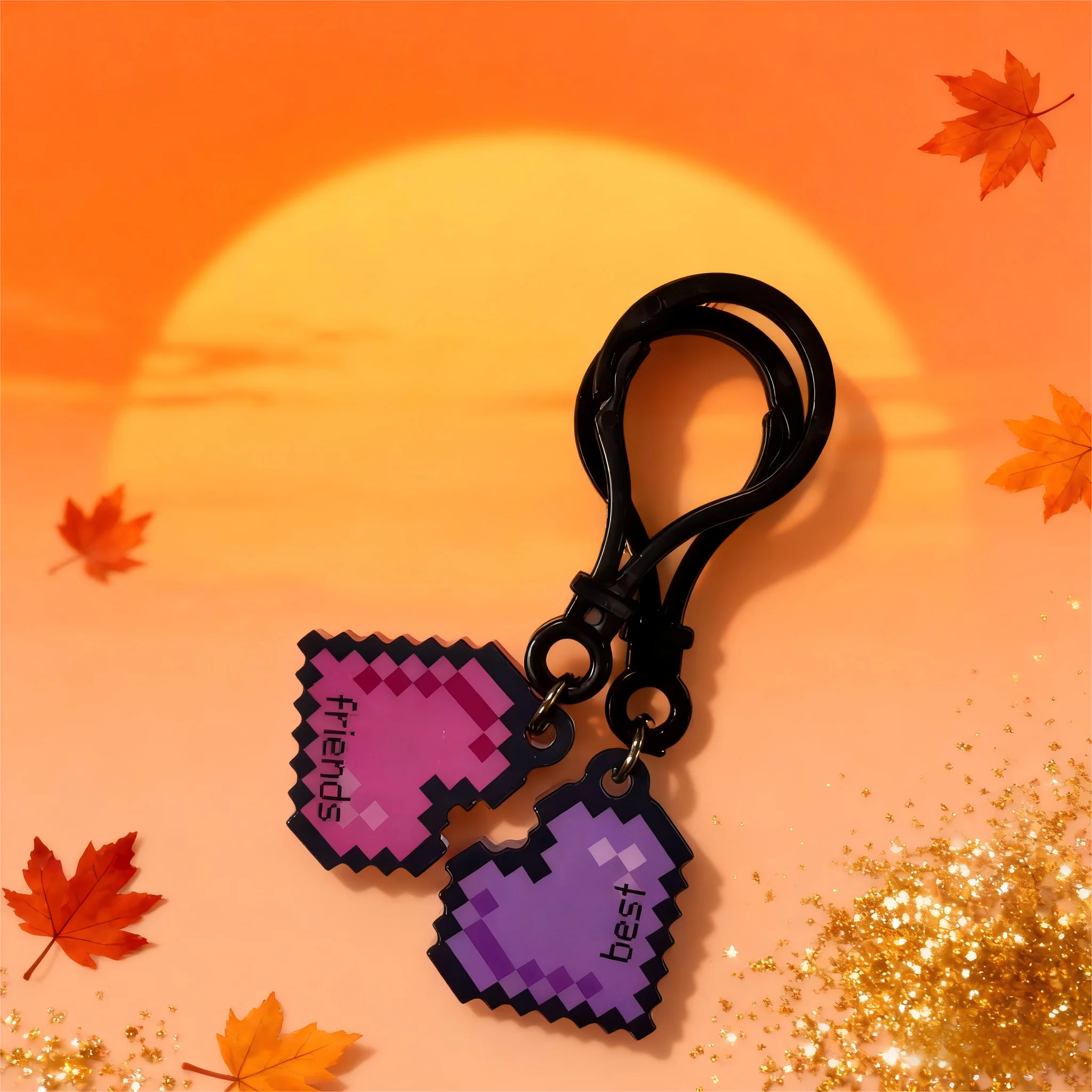 Pixel Heart Best Friends Keychain Set,Cute Matching Keychains for BFFs,Purple&Pink Retro Gaming Style Heart Charms,Perfect Gift