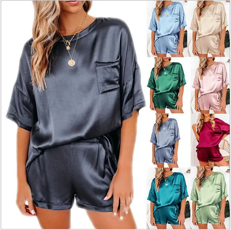 women's pajamas housewear Pajamas Set new solid color imitation silk pajamas leisure wear short sleeve shorts pocket Two-pieces