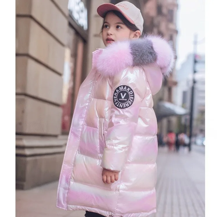 Shiny Fabric Hooded Down Jacket For Girls Windproof Coat Children Cotton Outerwear Teenage Winter Kids Parka Snowsuit 5-14 Year