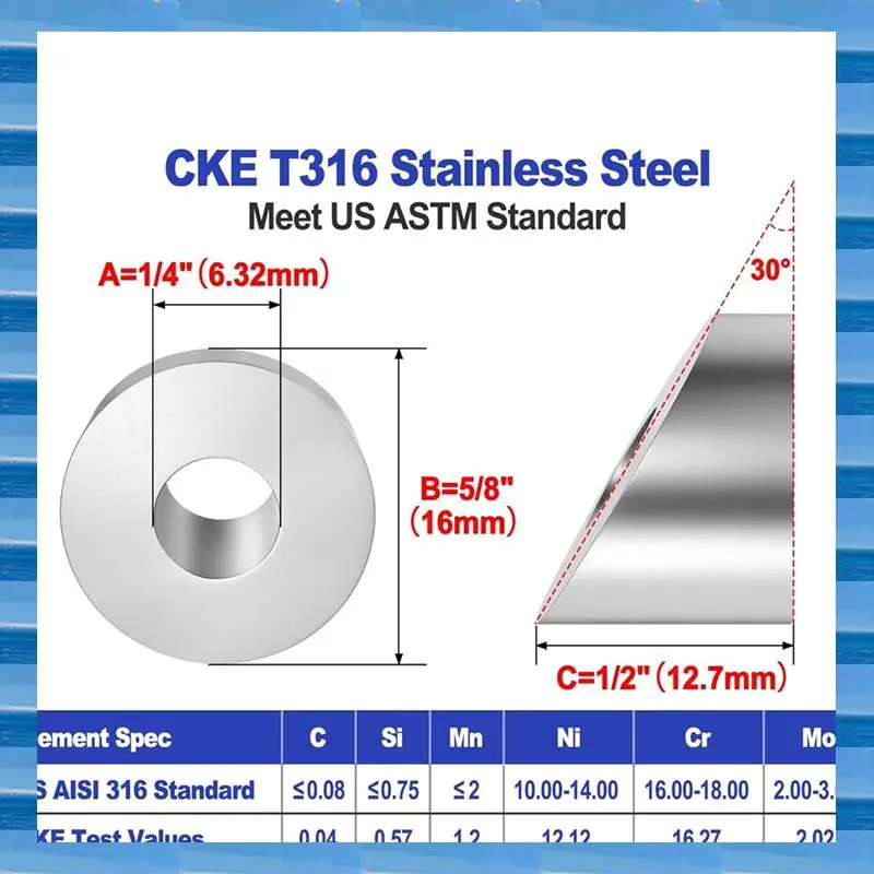Stainless Steel 1/4In 30 Degree Angle Beveled Washer For 1/8In To 3/16In Deck Cable Railing T316 Marine Grade